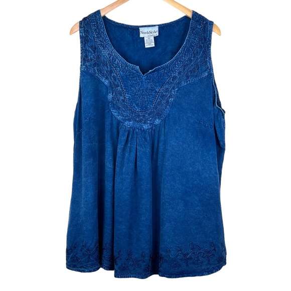 NorthStyle Tops Northstyle Blue Chambray Embroidered Smocked